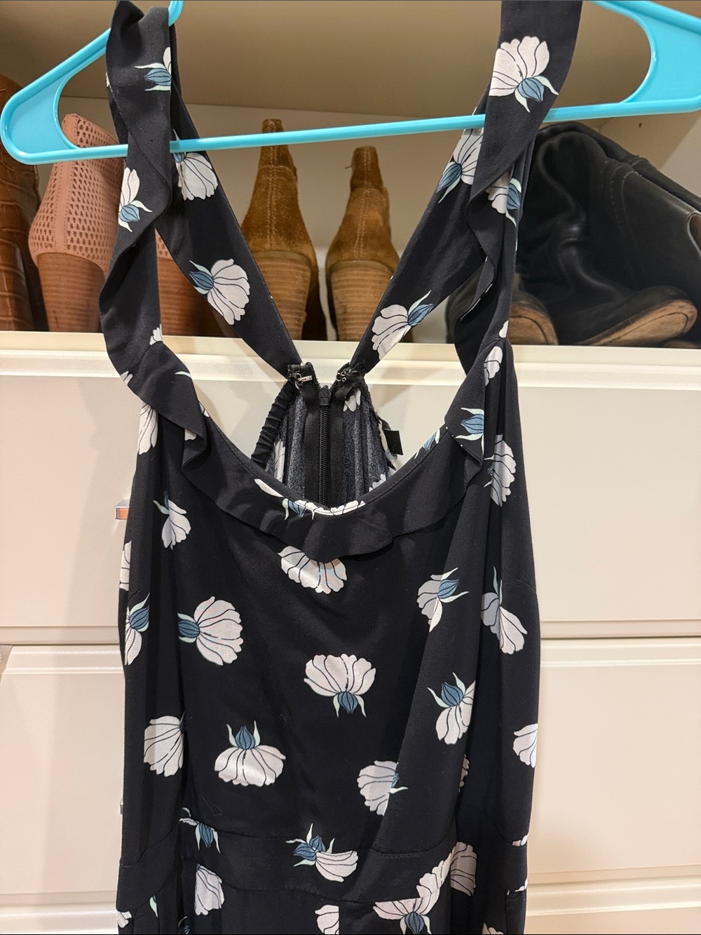 LOFT Black Floral Sleeveless Jumpsuit with White & Blue Accents